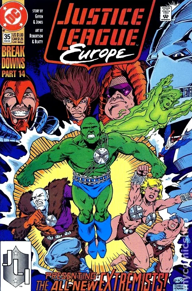 Justice League Europe #35, Standard cover, Giant-Size X-Men #1 homage